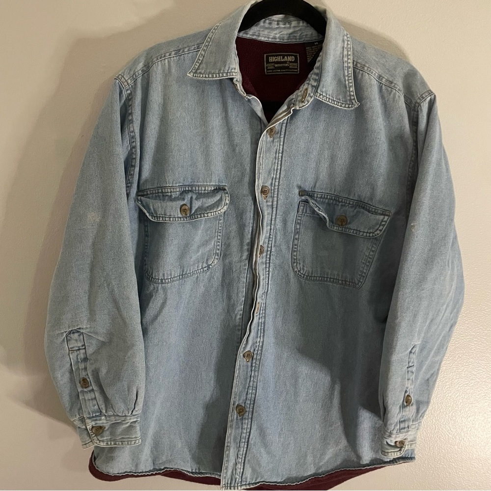 Highlands Outfitters Mens Size Med Light Wash Denim Button Up Jacket Collar Warm